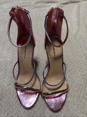 bebe Metallic Pink Gold-Bar Ankle-Strap Heels